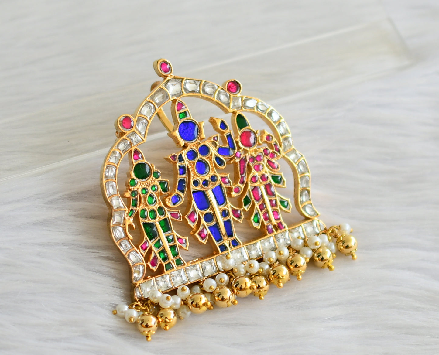 Gold tone pink-green-white-blue Ram parivar kundan jadau pendant dj-43922