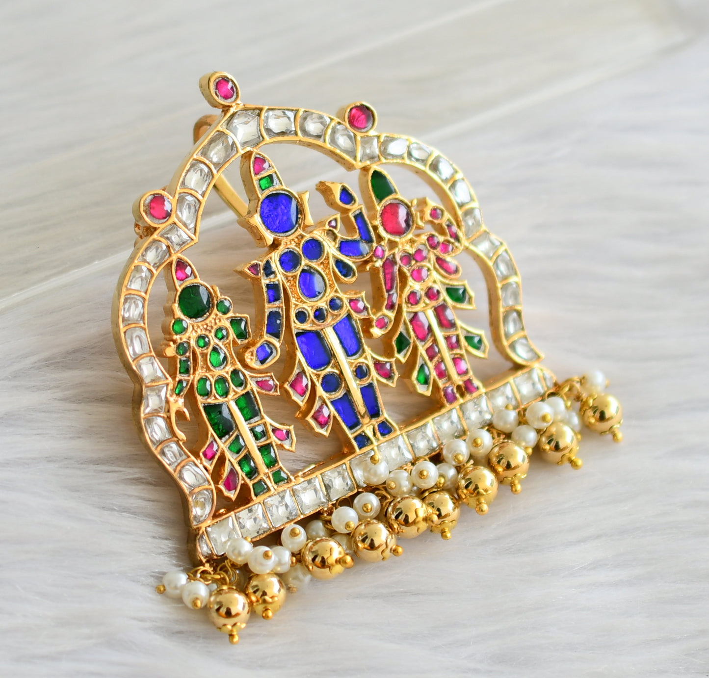 Gold tone pink-green-white-blue Ram parivar kundan jadau pendant dj-43922