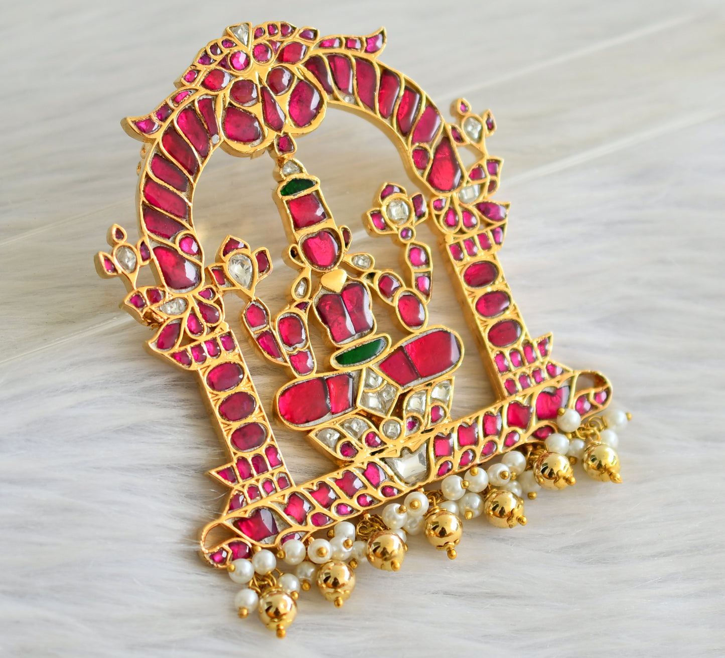 Gold tone pink-green-white kundan jadau mahalakshmi pendant dj-43914