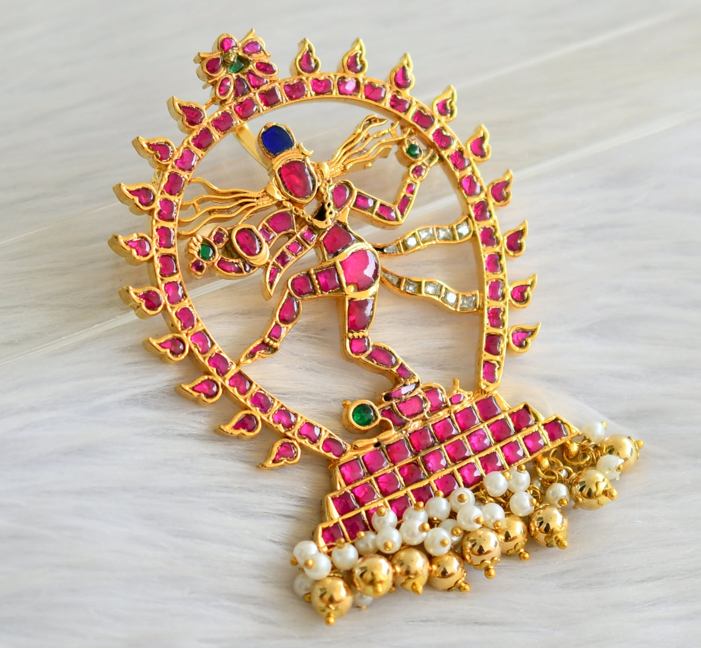 Gold tone pink-green-white-blue kundan jadau natarajar pendant dj-43918