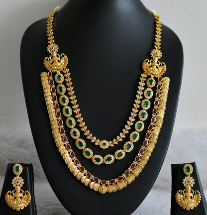 Matte Finish Cz Ruby-emerald Lakshmi Coin mugappu Multilayer Haar Set DJ33187