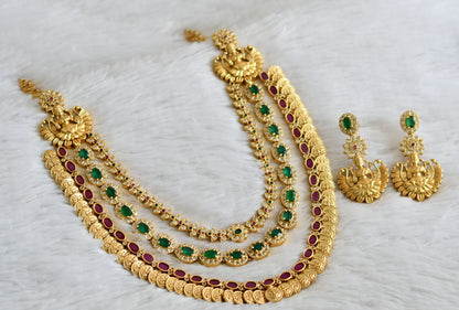 Matte Finish Cz Ruby-emerald Lakshmi Coin mugappu Multilayer Haar Set DJ33187