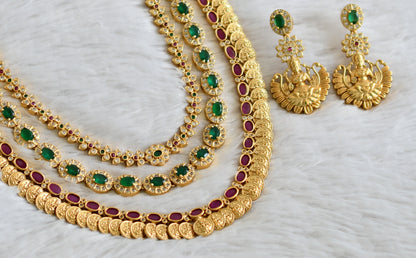 Matte Finish Cz Ruby-emerald Lakshmi Coin mugappu Multilayer Haar Set DJ33187