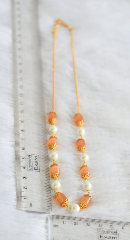 Gold tone orange-pearl beaded mala/necklace dj-47345