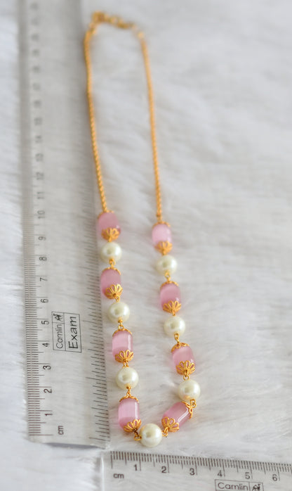 Gold tone baby pink-pearl beaded mala/necklace dj-47346