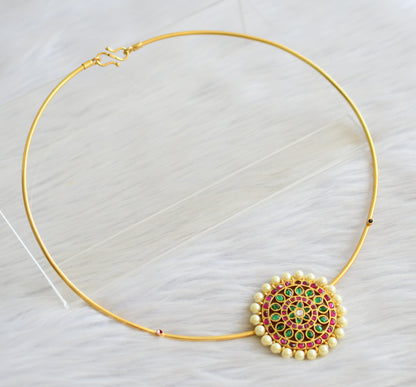 Gold tone pink-green-pearl kundan jadau round hasli necklace set dj-43934