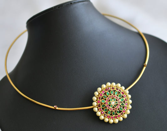 Gold tone pink-green-pearl kundan jadau round hasli necklace set dj-43934