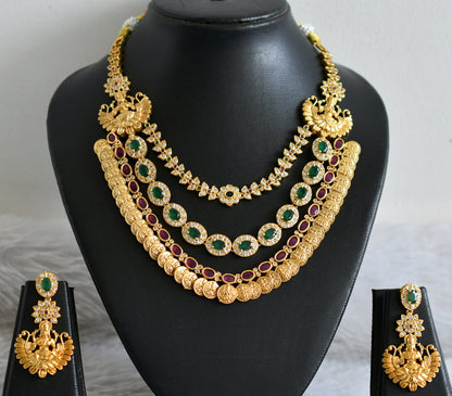 Matte finish cz ruby-emerald lakshmi coin flower mugappu multilayer necklace set dj-49091