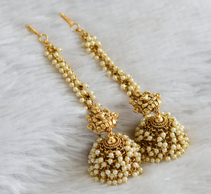 Matte finish pearl cluster lakshmi jhumkka with ear side chain dj-47333