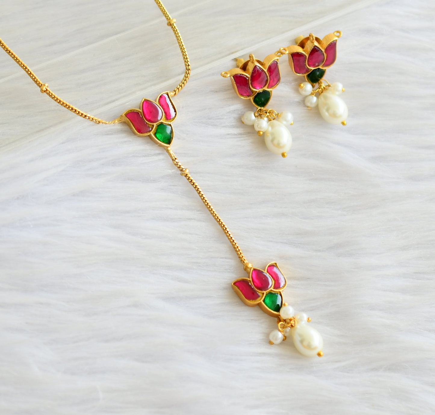 Antique Gold tone pink-green pearl kundan jadau lotus chain/necklace set dj-43926