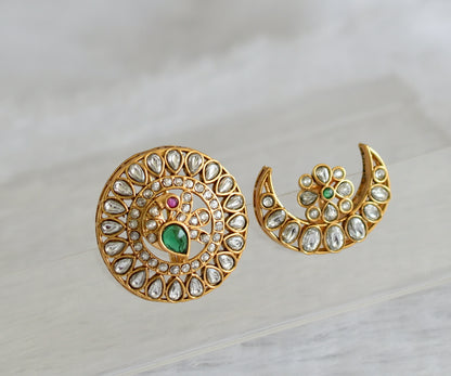 Matte finish white-kemp-green peacock kundan sun-moon hair jewel dj-47323