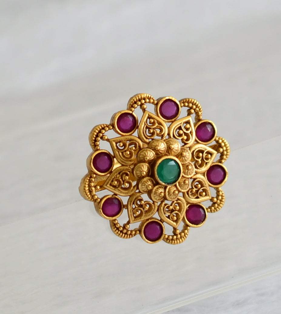 Matte finish ruby-green flower adjustable finger ring dj-47329