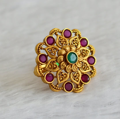 Matte finish ruby-green flower adjustable finger ring dj-47329