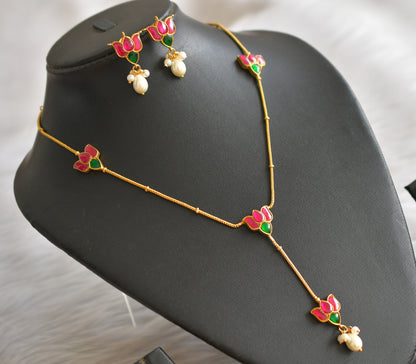 Antique Gold tone pink-green pearl kundan jadau lotus chain/necklace set dj-43926