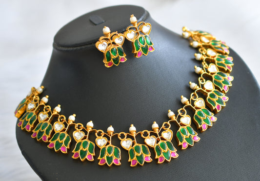 Gold tone pink-green-white kundan jadau lotus heart necklace set dj-43928