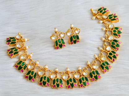 Gold tone pink-green-white kundan jadau lotus heart necklace set dj-43928