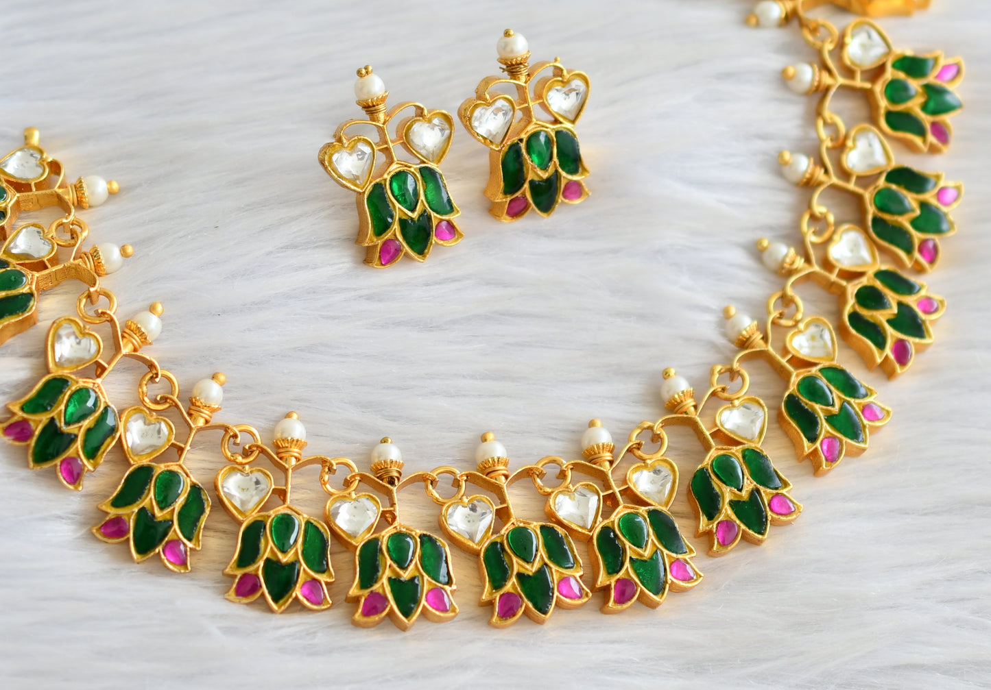 Gold tone pink-green-white kundan jadau lotus heart necklace set dj-43928