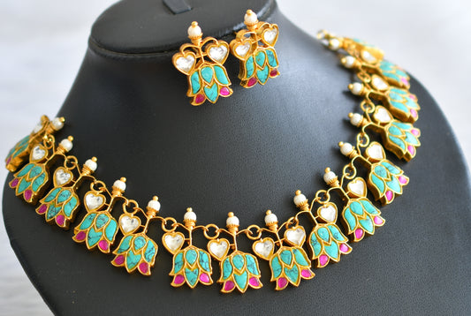 Gold tone pink-turquoise blue-white kundan jadau lotus heart necklace set dj-43930