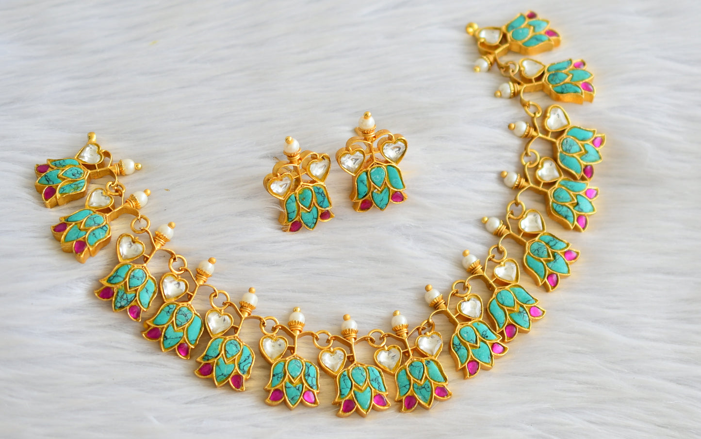 Gold tone pink-turquoise blue-white kundan jadau lotus heart necklace set dj-43930