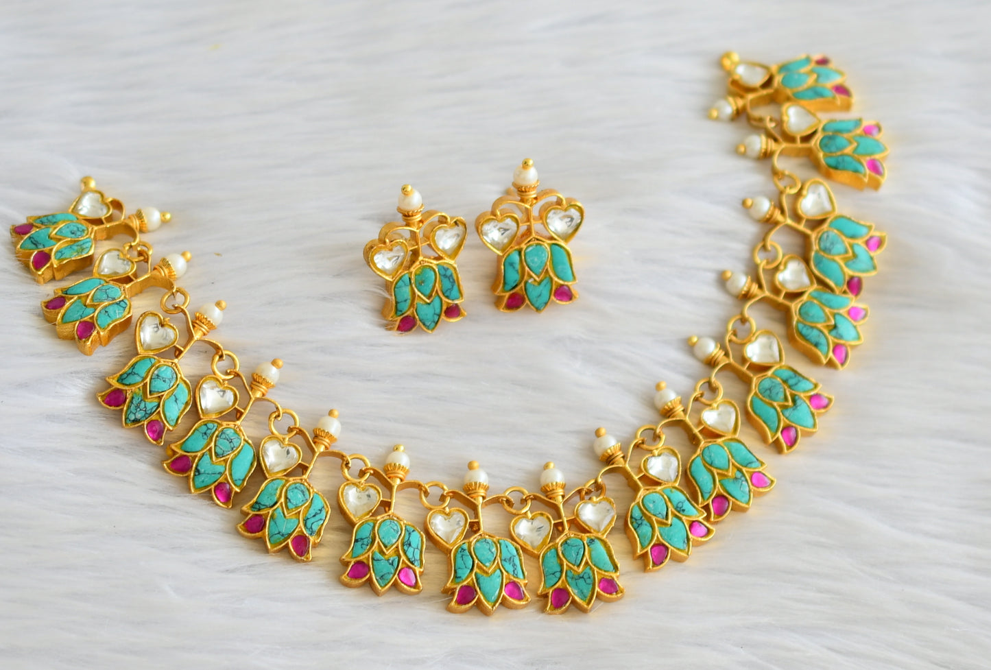 Gold tone pink-turquoise blue-white kundan jadau lotus heart necklace set dj-43930