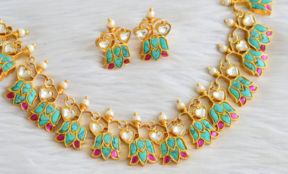 Gold tone pink-turquoise blue-white kundan jadau lotus heart necklace set dj-43930