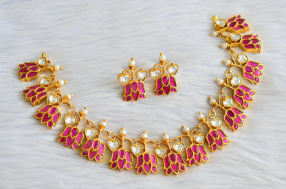 Gold tone pink-white kundan jadau lotus heart necklace set dj-43927