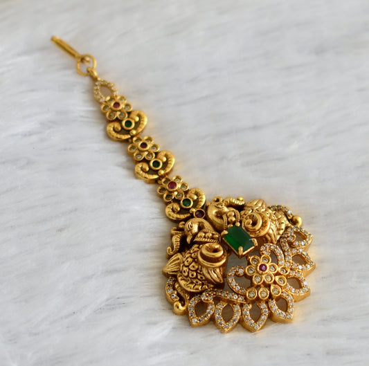 Antique gold tone ruby-green-white peacock tikka dj-47327