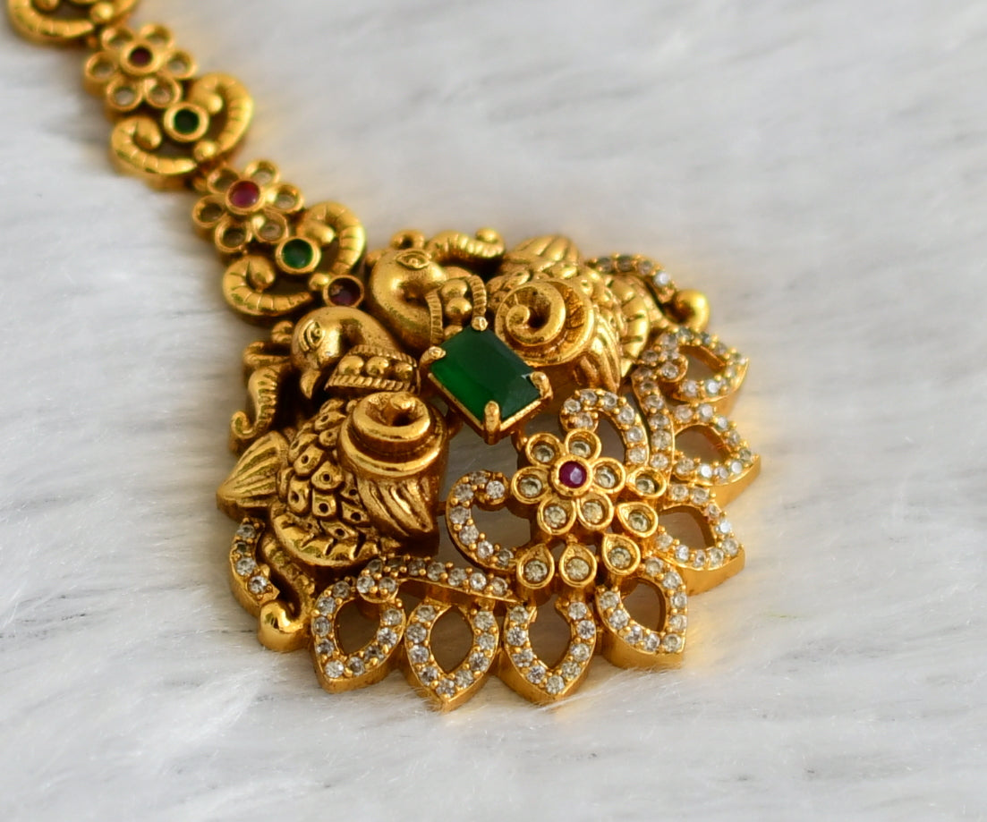 Antique gold tone ruby-green-white peacock tikka dj-47327