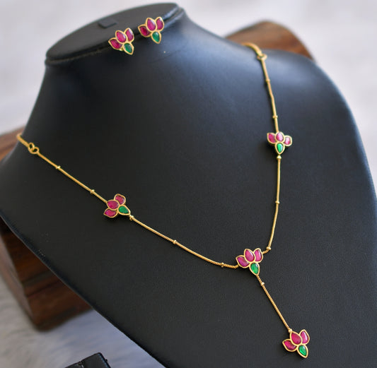 Gold tone pink-green Lotus Kundan Jadau necklace set dj-43205