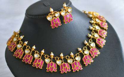 Gold tone pink-white kundan jadau lotus heart necklace set dj-43927