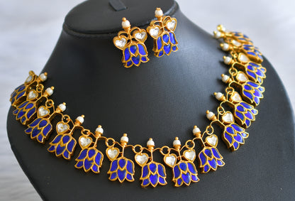 Gold tone blue-white kundan jadau lotus heart necklace set dj-43929