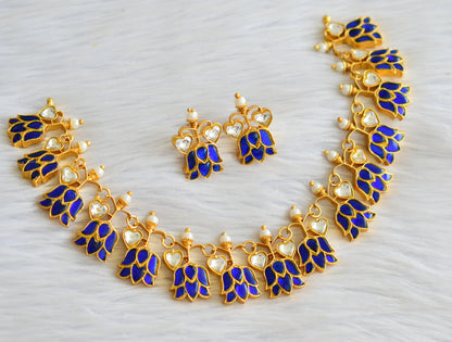 Gold tone blue-white kundan jadau lotus heart necklace set dj-43929