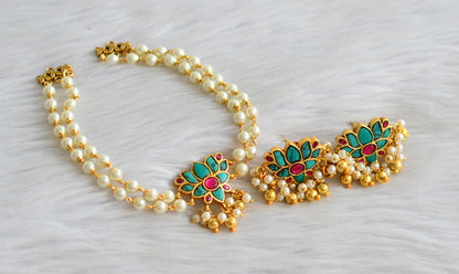 Gold tone pink-turquoise blue pearl kundan jadau lotus choker necklace set dj-43932