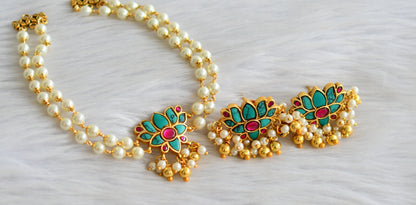 Gold tone pink-turquoise blue pearl kundan jadau lotus choker necklace set dj-43932