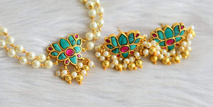 Gold tone pink-turquoise blue pearl kundan jadau lotus choker necklace set dj-43932