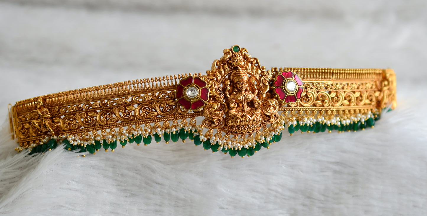 Matte finish pink-green-white kundan jadau flower lakshmi peacock pearl green beaded waist belt dj-49124