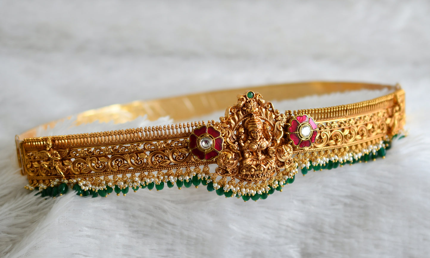 Matte finish pink-green-white kundan jadau flower lakshmi peacock pearl green beaded waist belt dj-49124