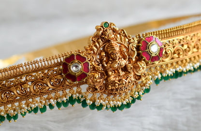 Matte finish pink-green-white kundan jadau flower lakshmi peacock pearl green beaded waist belt dj-49124