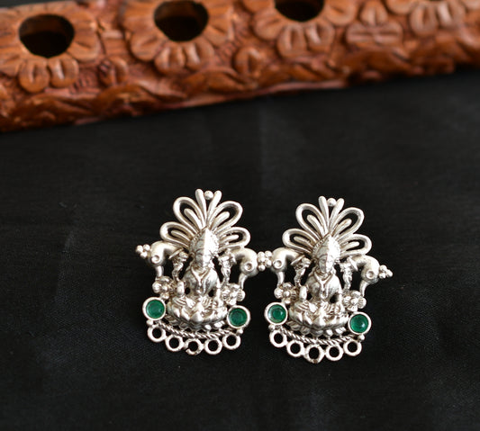 Silver tone green lakshmi peacock earrings dj-42616