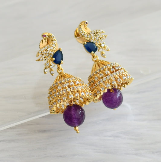 Gold tone cz white-blue-purple peacock jhumkka dj-45675