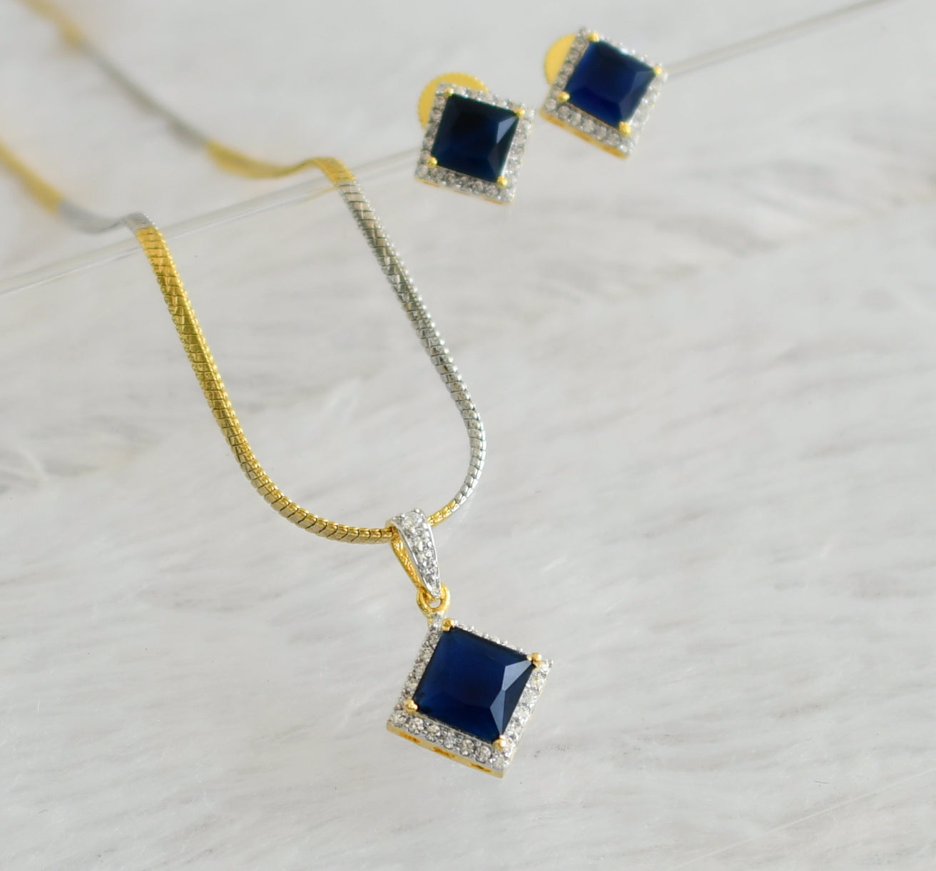 Two Tone Cz Blue Pendant Necklace Set -dj09199