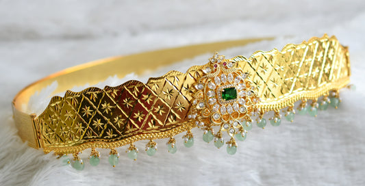 Gold look alike cz kemp-green block stone sea green beaded peacock waist belt dj-49127