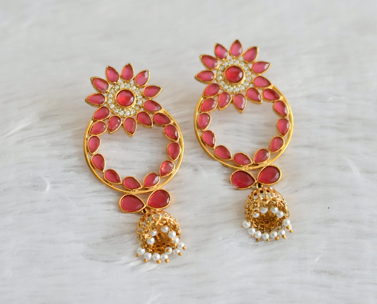 Gold Tone Ruby Flower Bali Jhumkka dj-09186