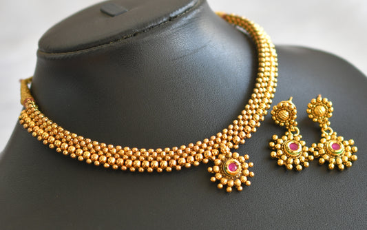 Antique gold tone pink necklace set dj-03920