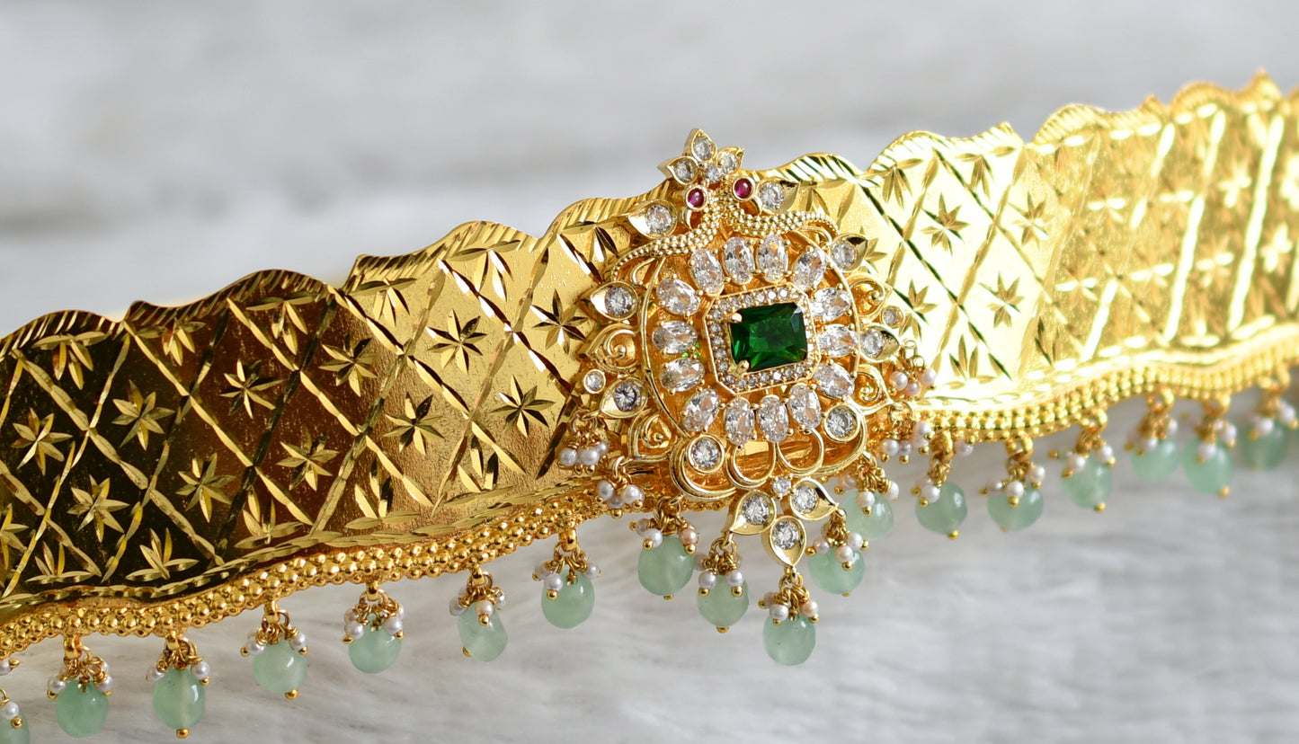 Gold look alike cz kemp-green block stone sea green beaded peacock waist belt dj-49127