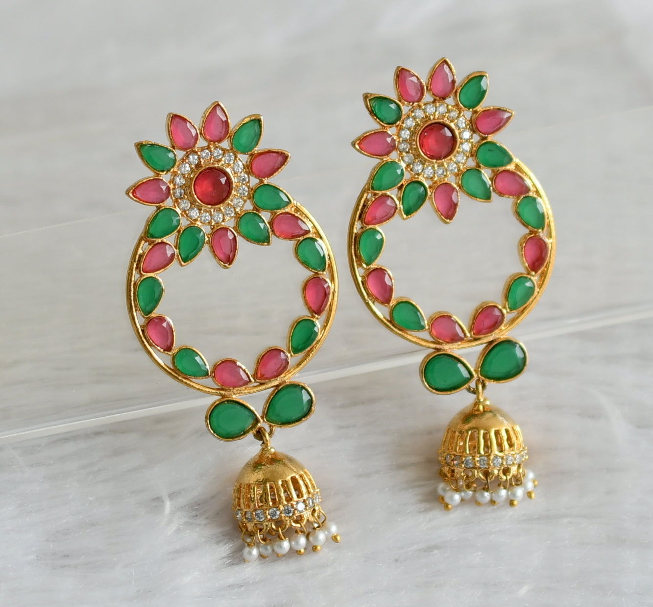 Gold Tone Ruby-emerald Flower Bali Jhumkka  dj-09185