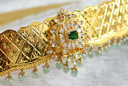 Gold look alike cz kemp-green block stone sea green beaded peacock waist belt dj-49127