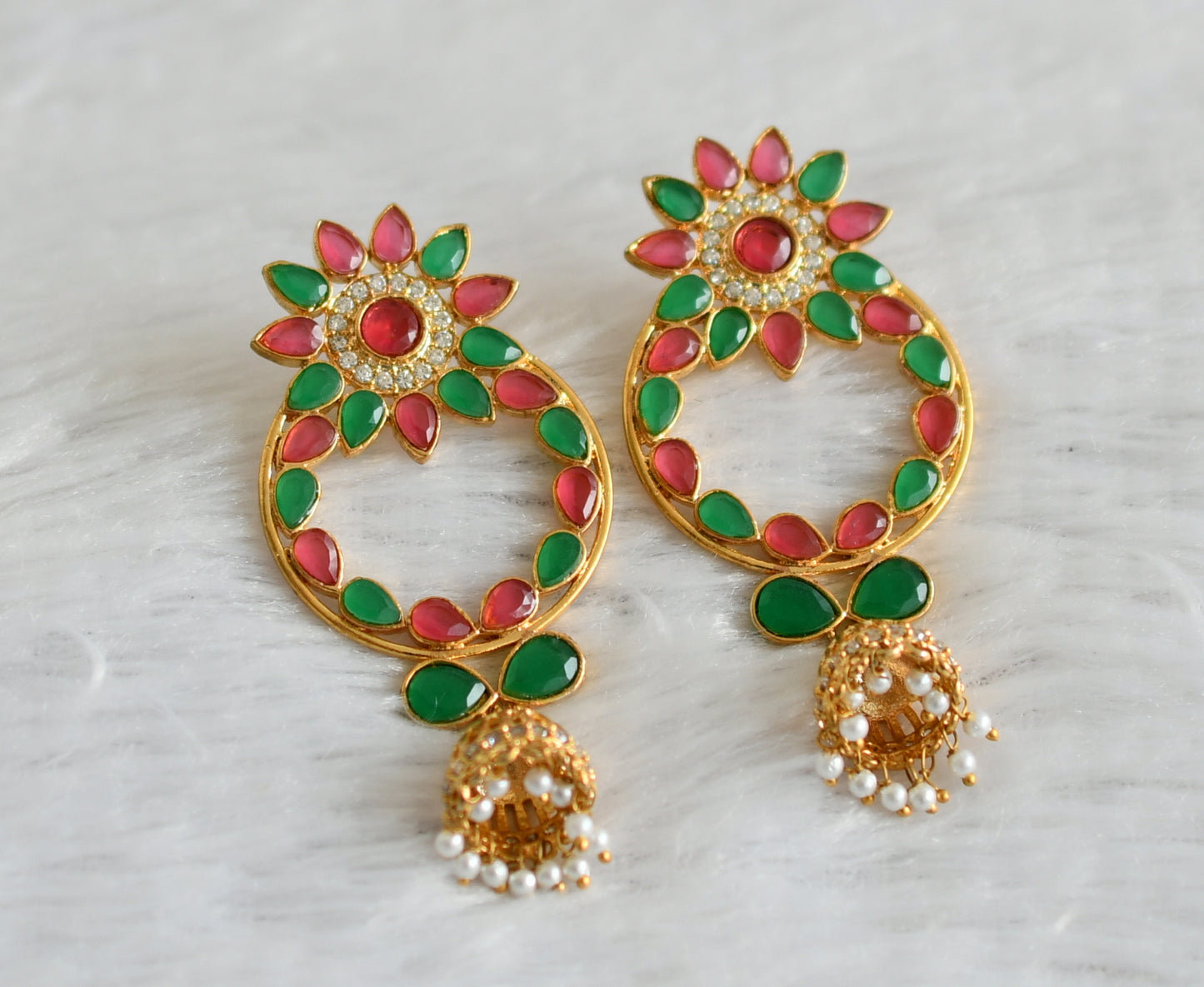 Gold Tone Ruby-emerald Flower Bali Jhumkka  dj-09185