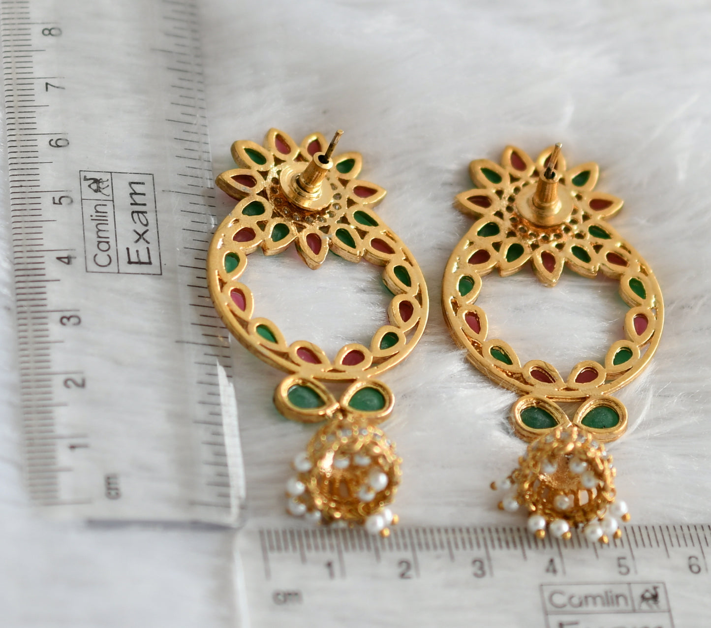 Gold Tone Ruby-emerald Flower Bali Jhumkka  dj-09185