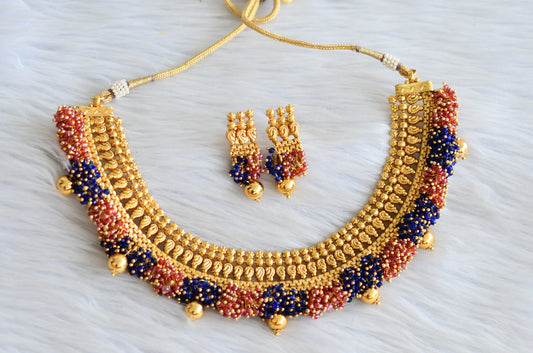 Antique pink-blue cluster necklace set dj-03884